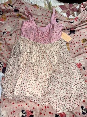 Blogilates Women's Sweetheart Babydoll Dress Pink Flower Size M